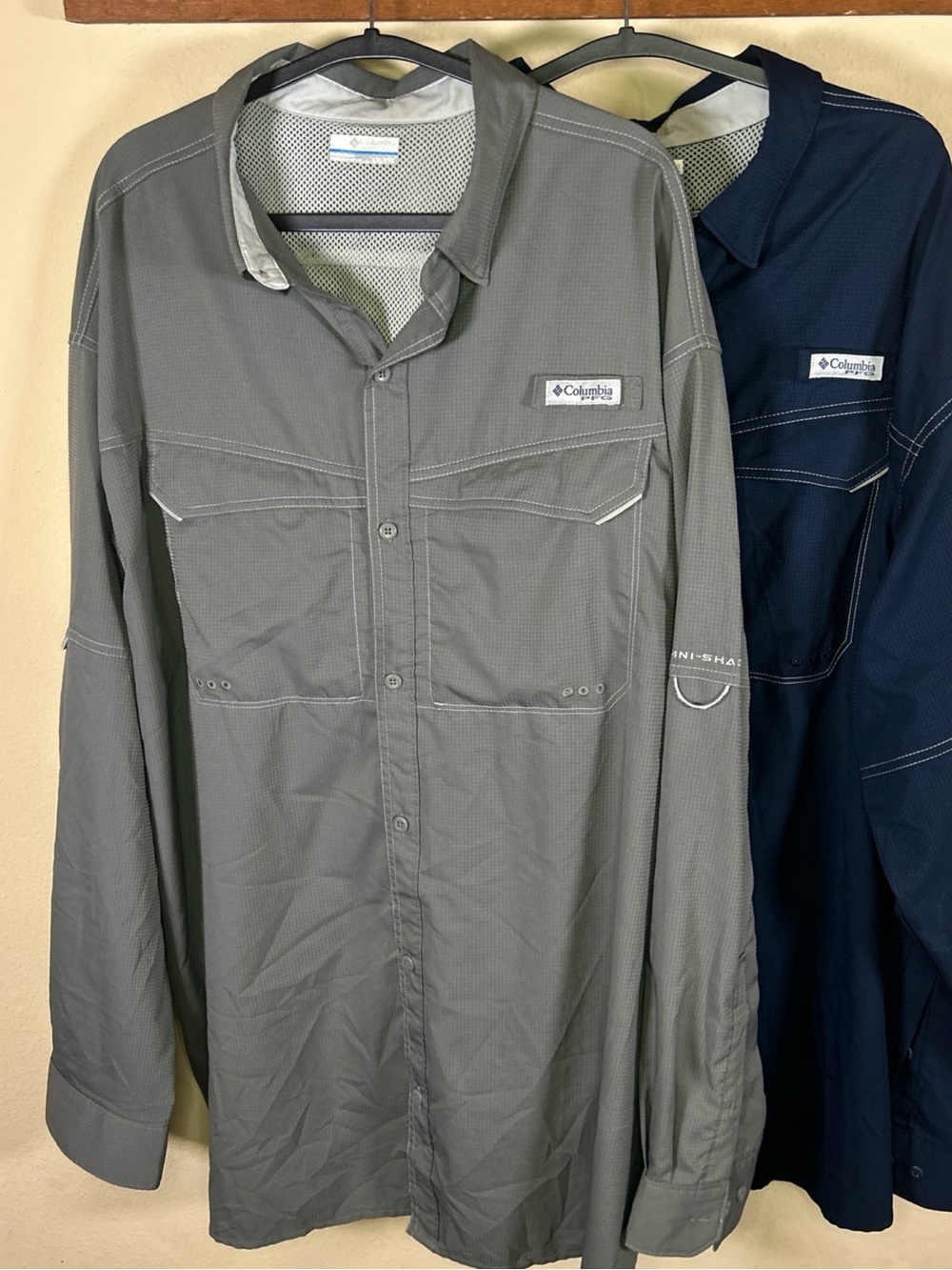 2 Columbia PFG Shirts Mens 2XL Blue/Gray Omni-Shade Vented Fishing Long Sleeve